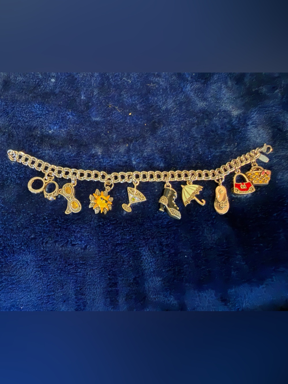 Judith Jack sterling silver  Charm Bracelet with 9 Enamel Marcasite charms